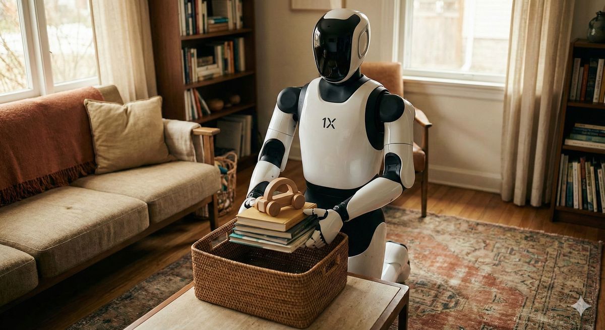 1X Neo humanoid robot organizing items in a cozy living room