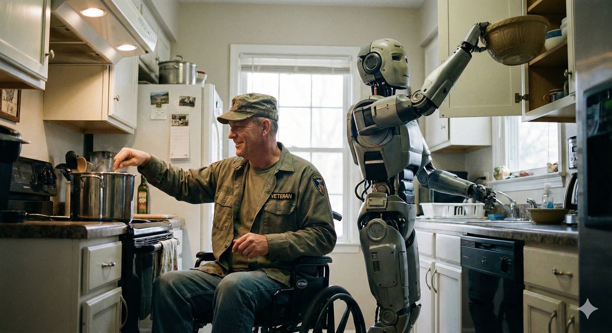 Veteran in a wheelchair at home with a humanoid robot assistant nearby