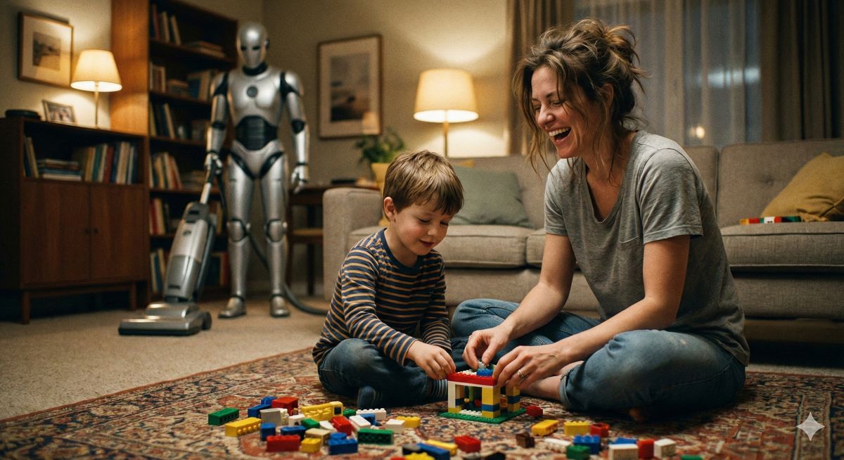 Mother playing with her young child on the floor while a humanoid robot vacuums in the background
